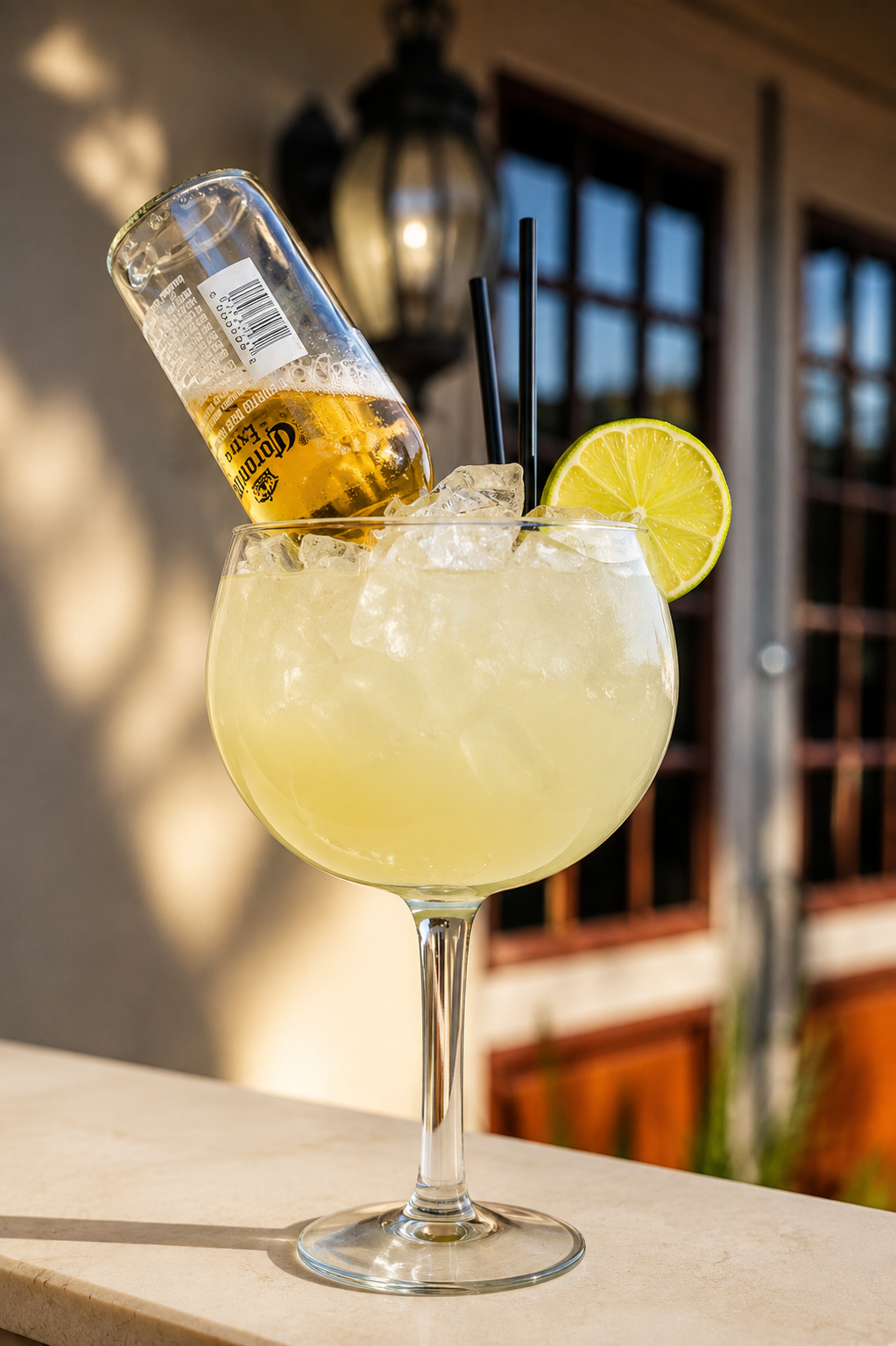The Balborita — a margarita served in a balloon glass with a lime wheel and an inverted Corona bottle