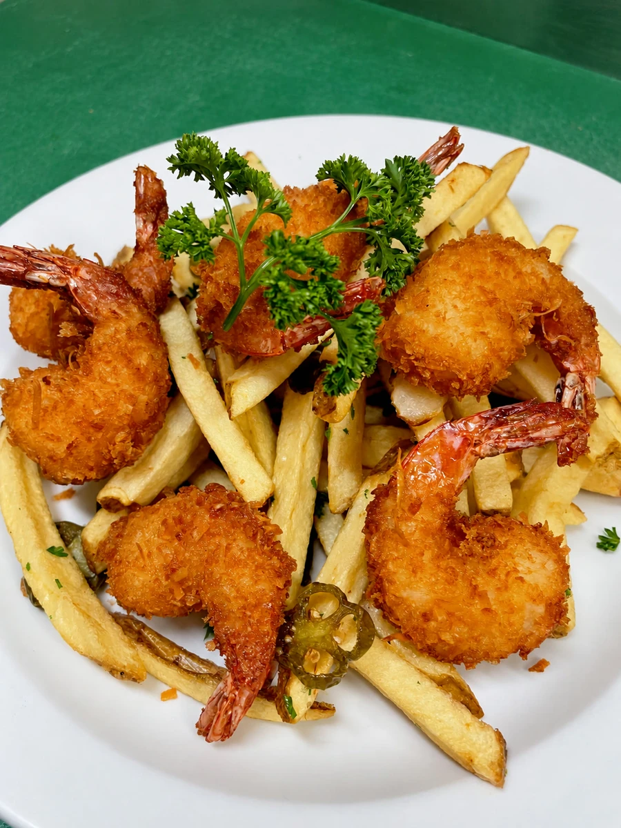 Coconut shrimp piled over seasoned fries with fresh parsley