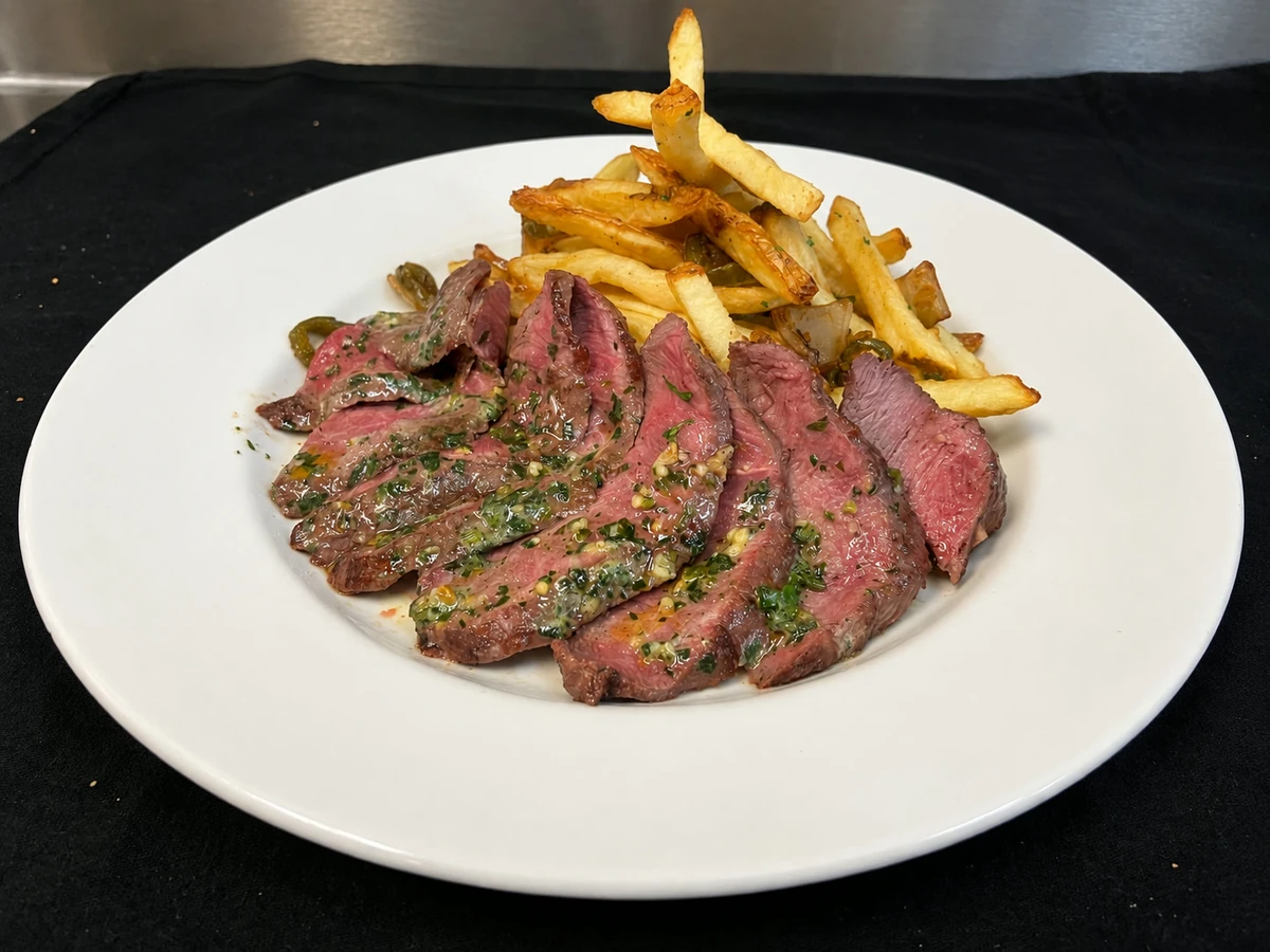 Sliced steak with chimichurri and fries on a white plate